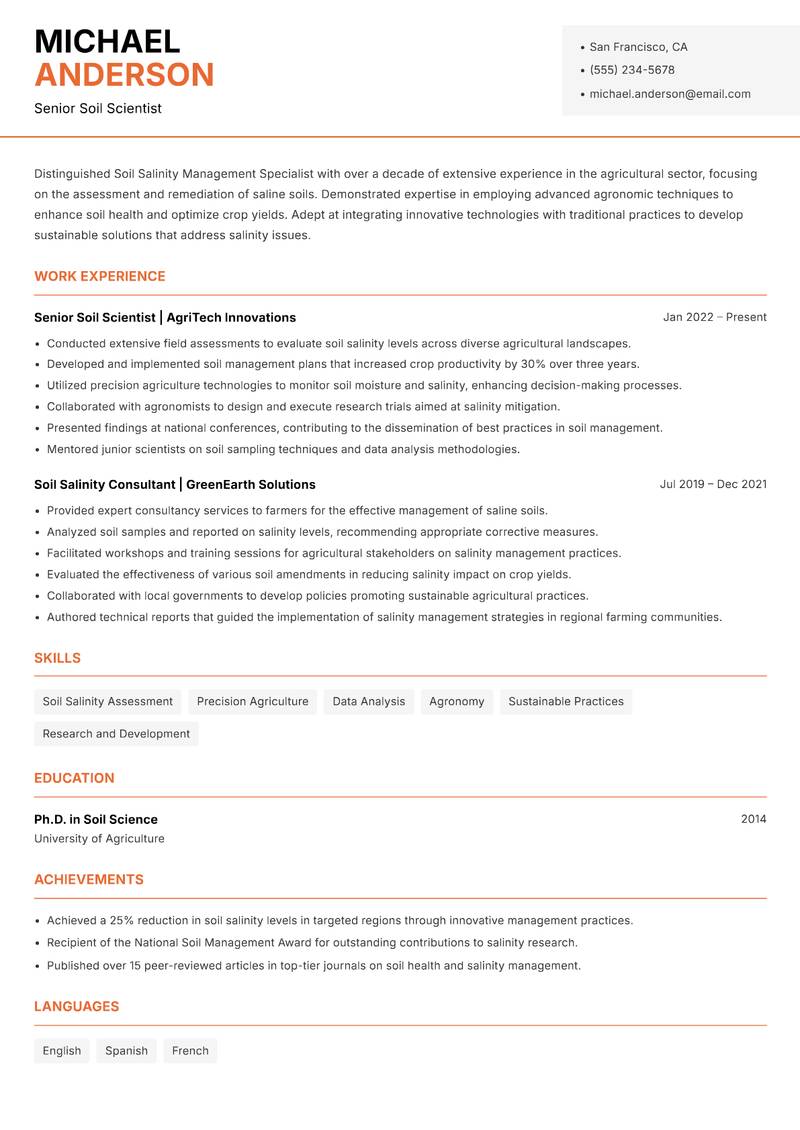 Soil Salinity Management Specialist resume template — Modern Professional