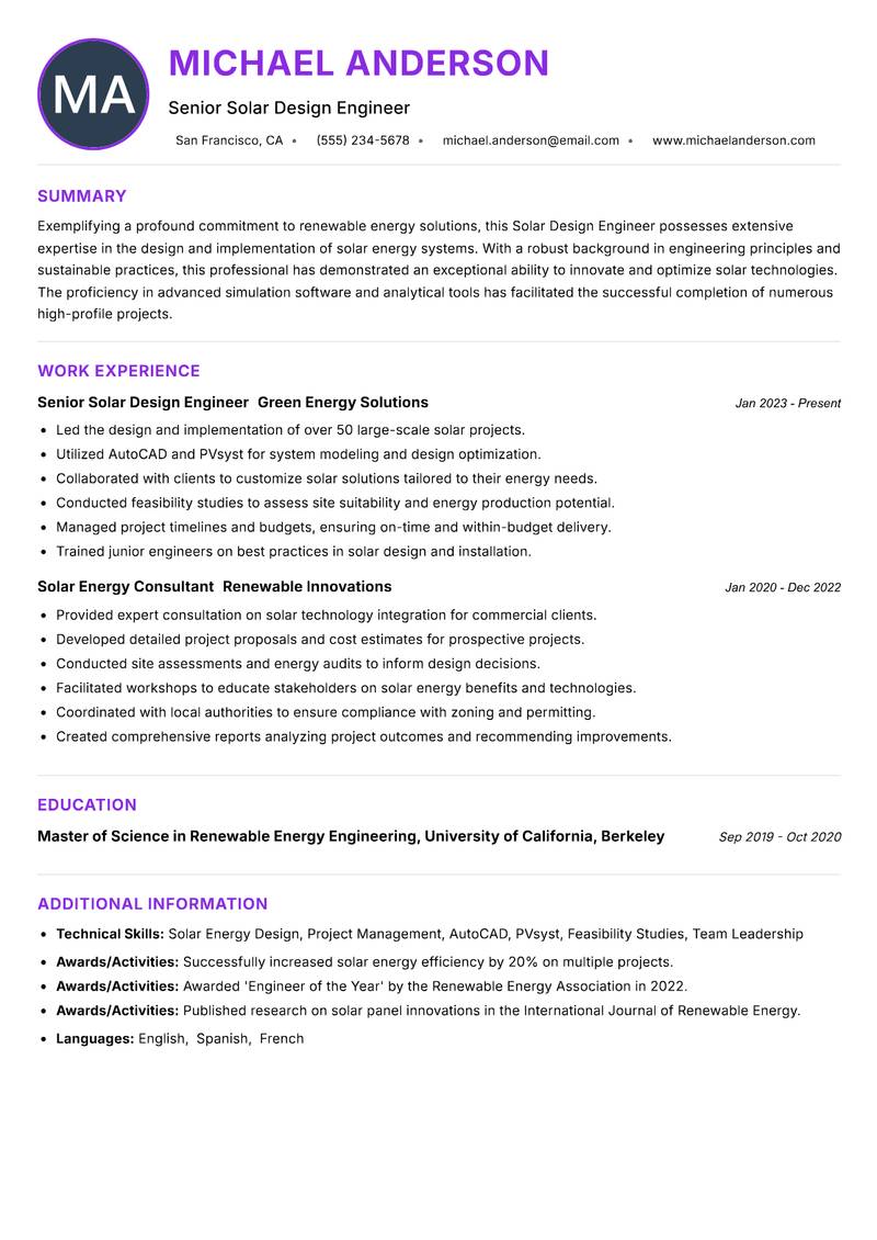 Solar Design Engineer resume example — ATS-friendly template