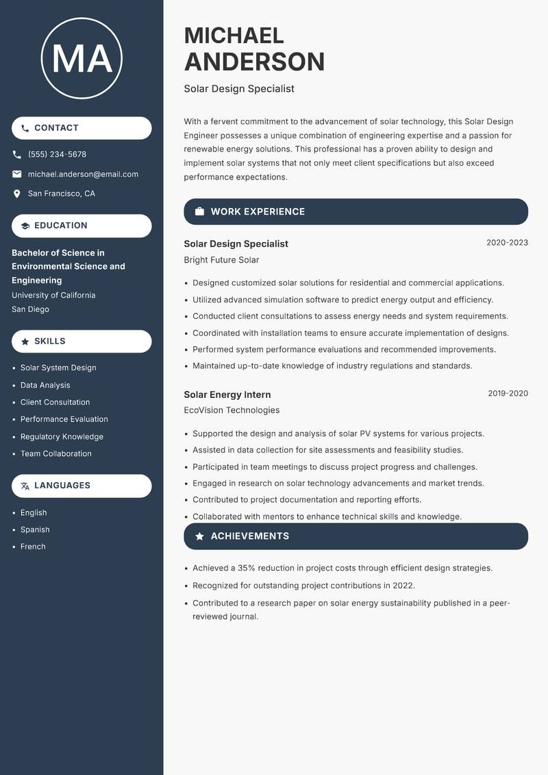 Solar Design Engineer resume template — Compact