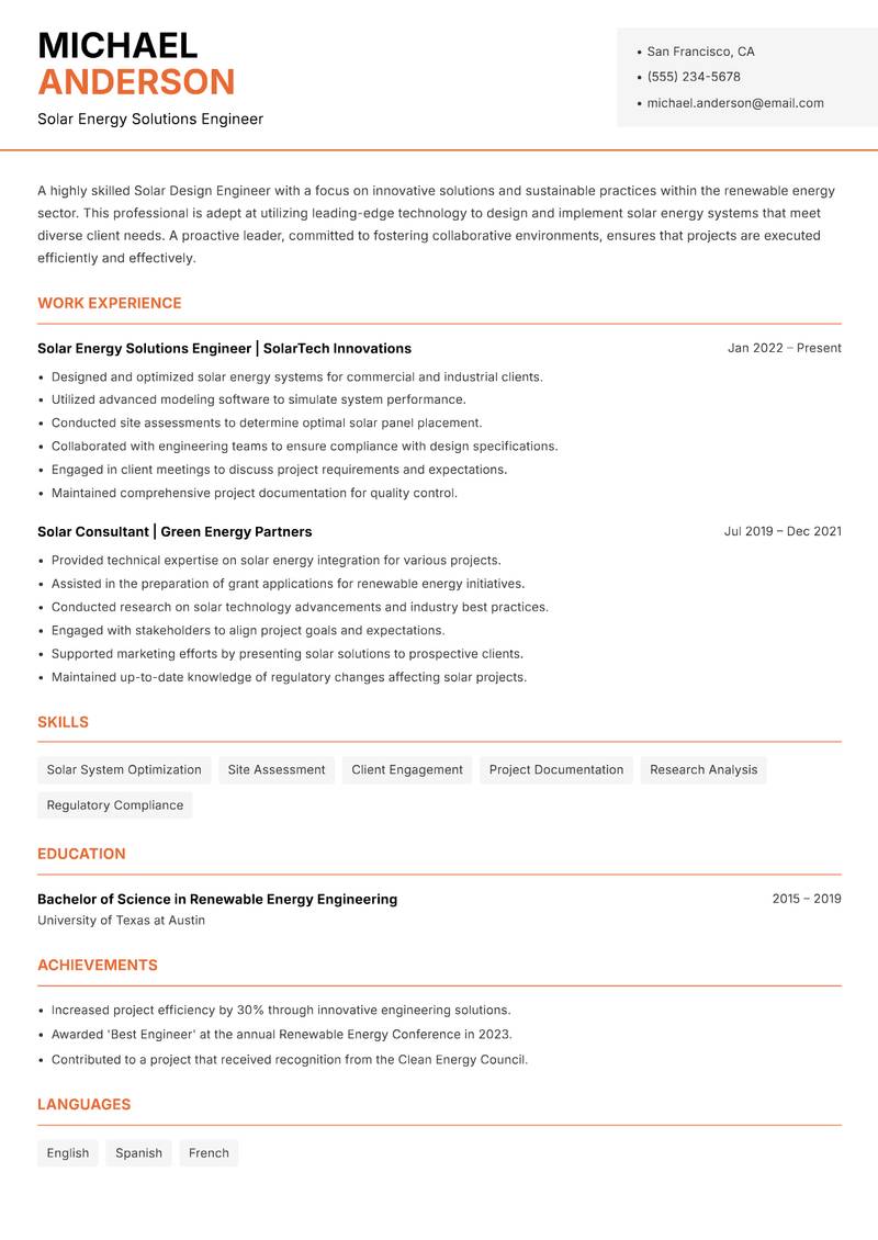 Solar Design Engineer resume template — Modern Professional