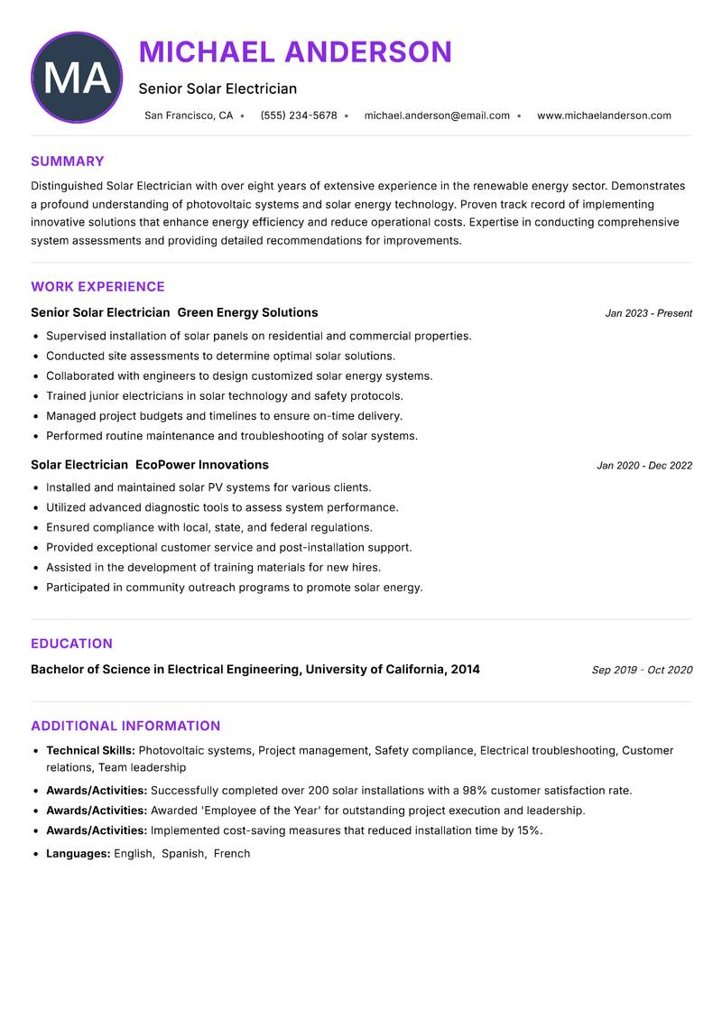 Solar Electrician resume example — ATS-friendly template