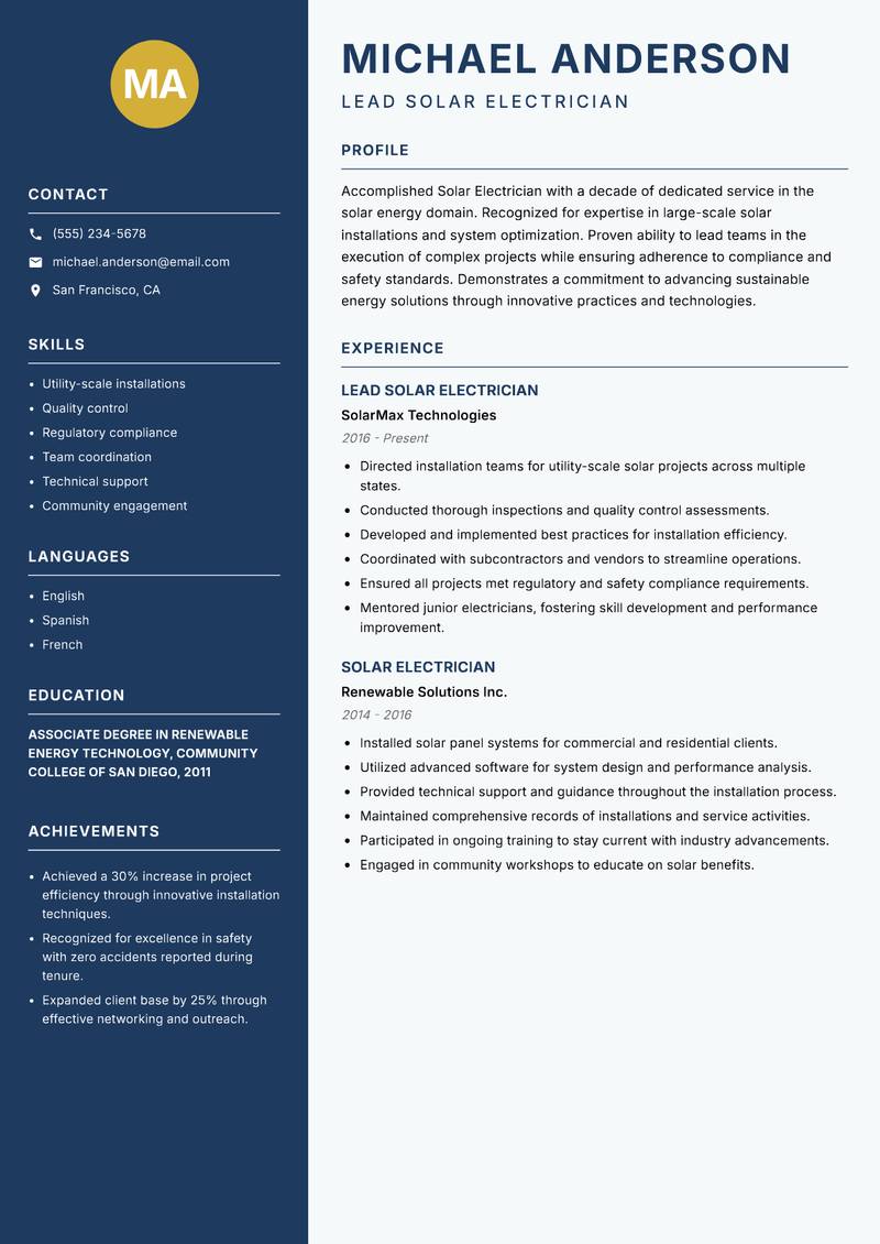 Solar Electrician resume template — Classic Clean