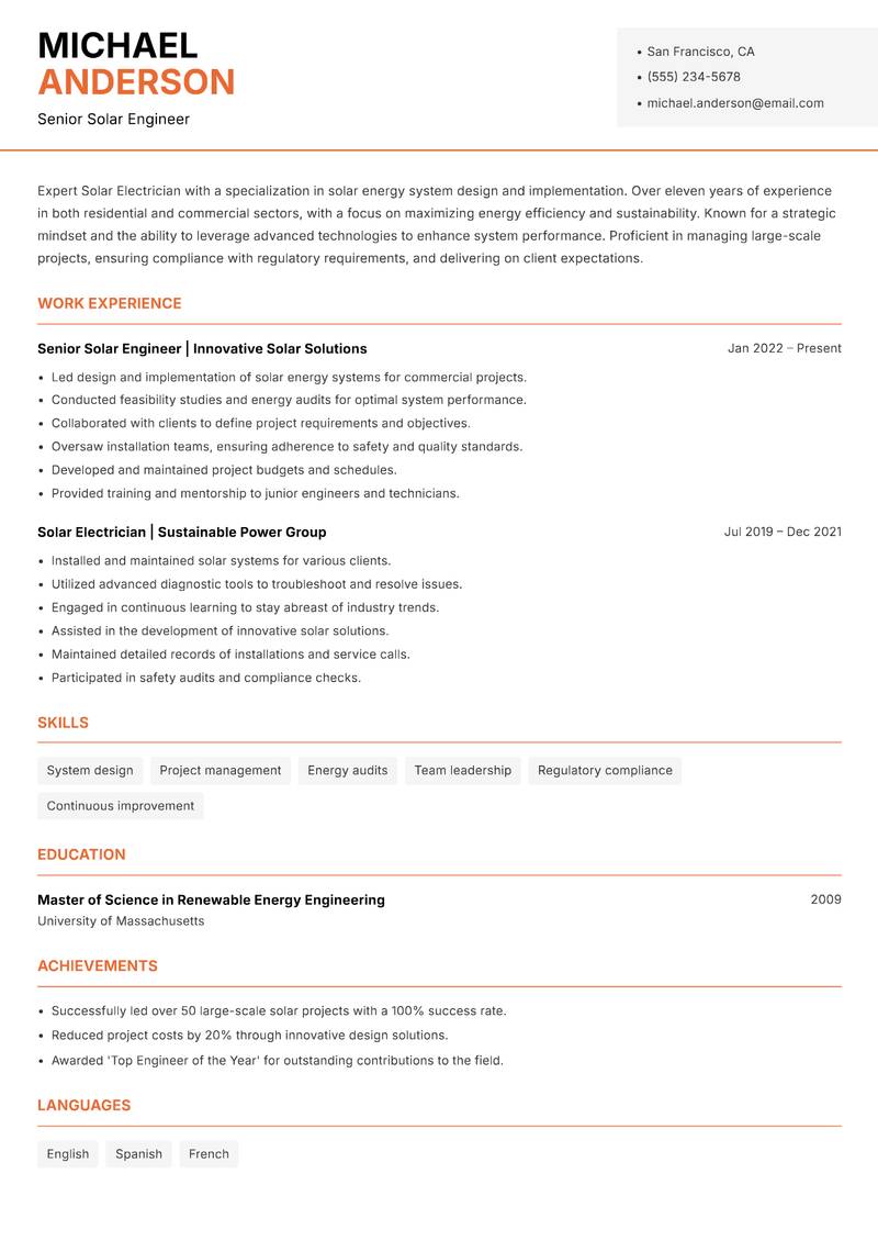 Solar Electrician resume template — Modern Professional