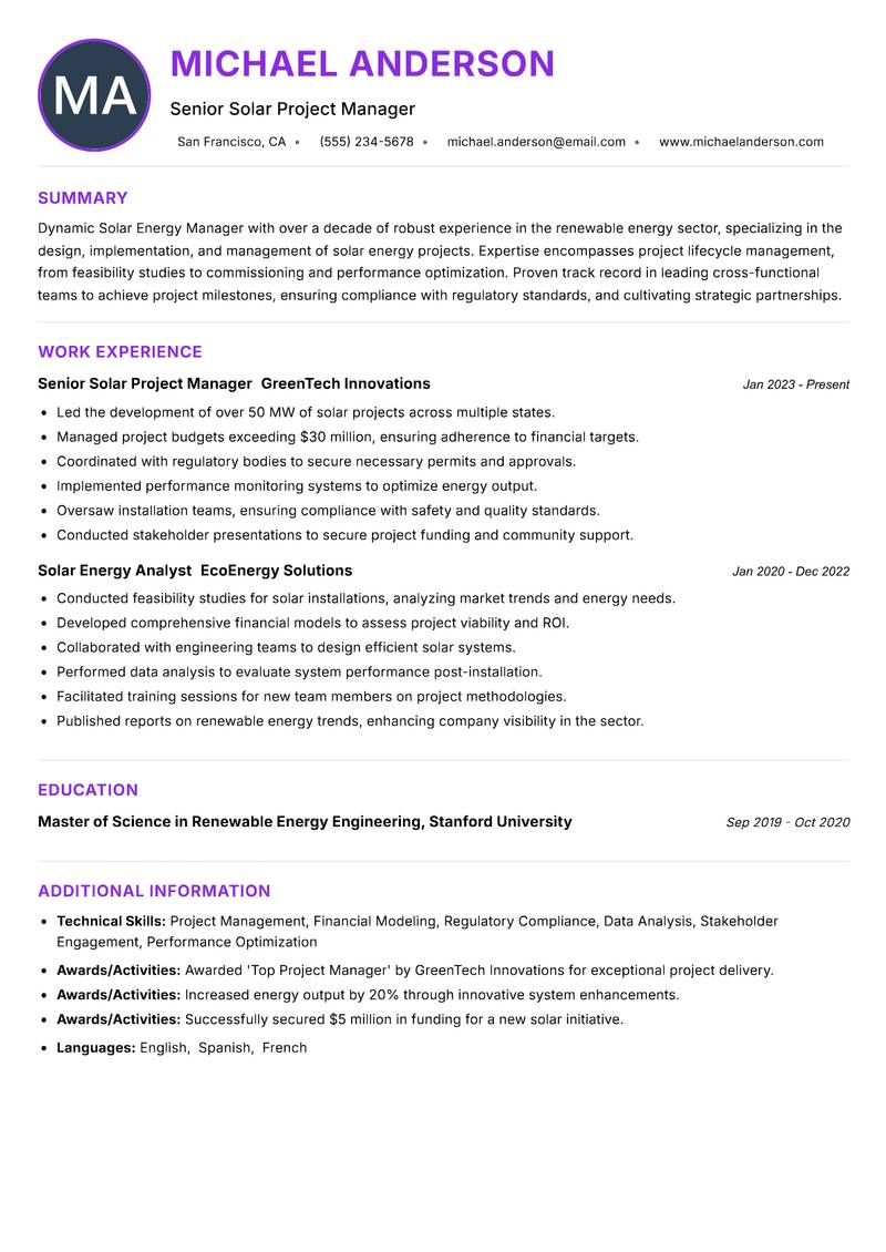 Solar Energy Manager resume example — ATS-friendly template