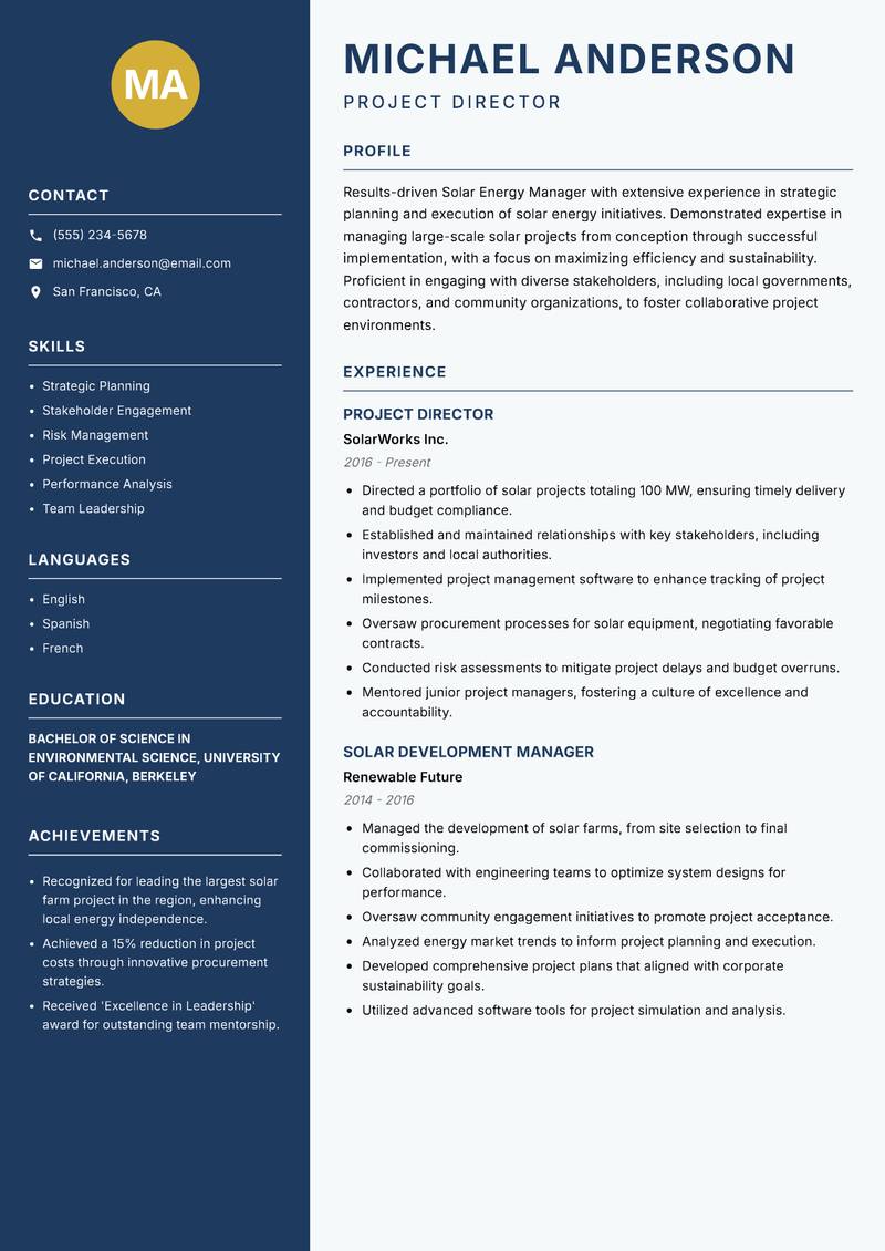 Solar Energy Manager resume template — Classic Clean