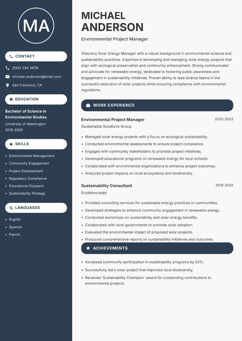 Solar Energy Manager resume template — Compact