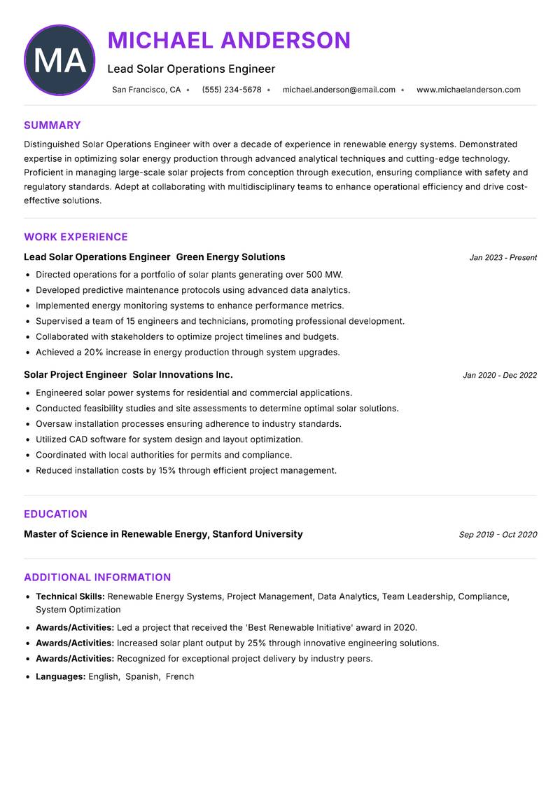 Solar Operations Engineer resume example — ATS-friendly template