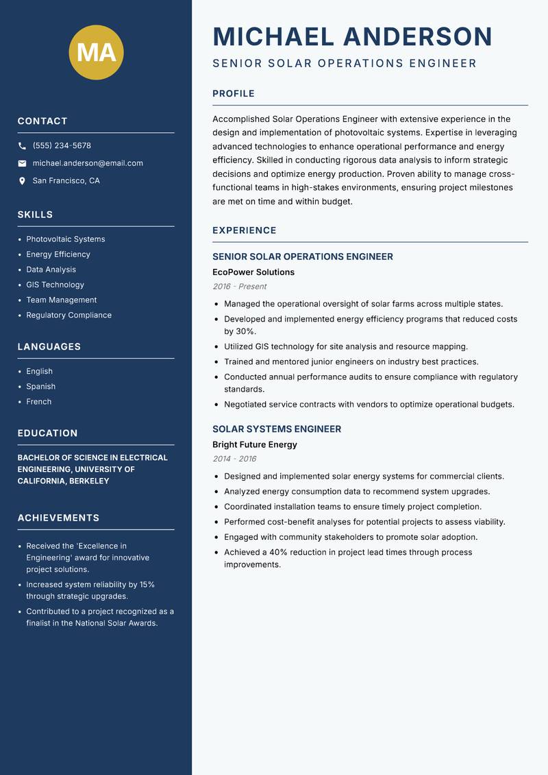 Solar Operations Engineer resume template — Classic Clean
