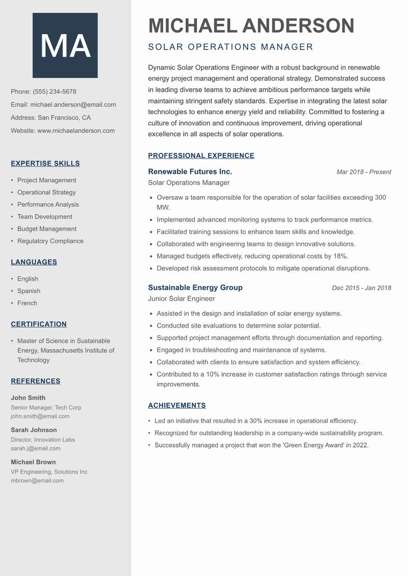 Solar Operations Engineer resume template — Creative Minimal