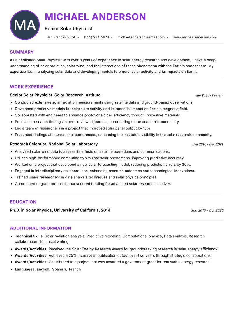 Solar Physicist resume example — ATS-friendly template