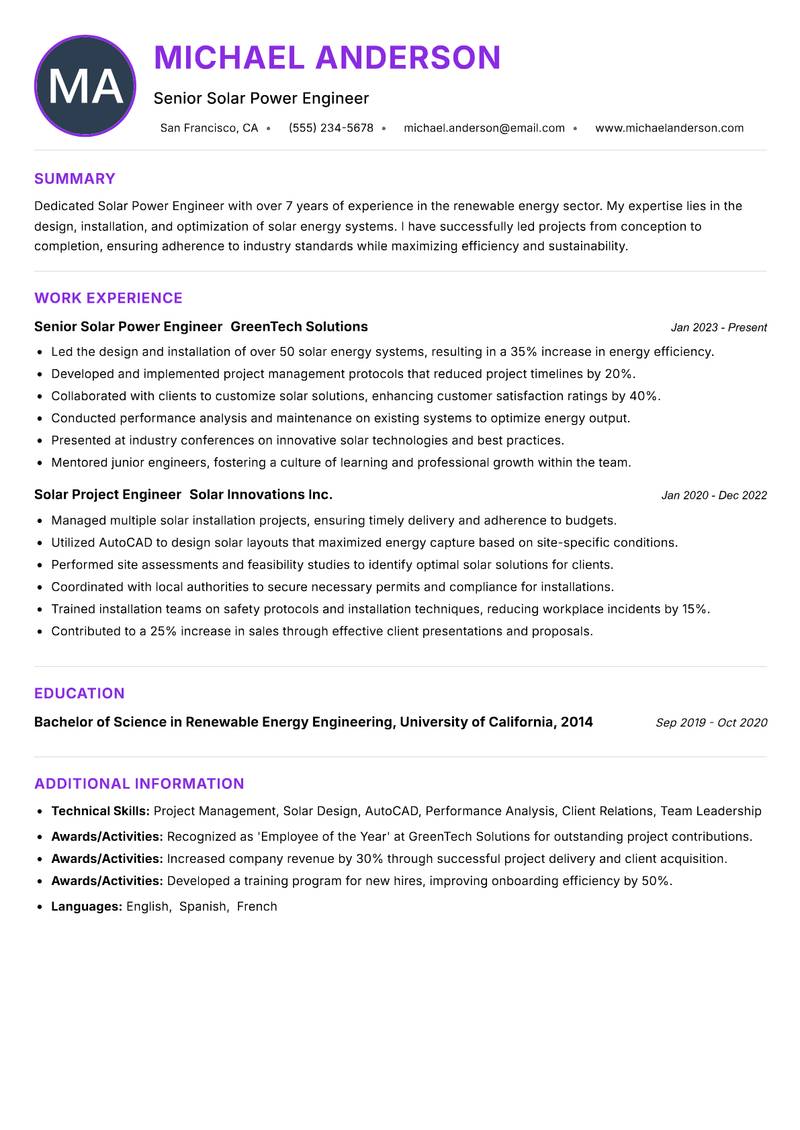Solar Power Engineer resume example — ATS-friendly template