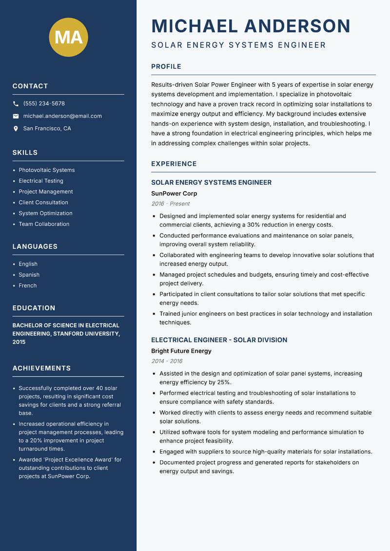 Solar Power Engineer resume template — Classic Clean