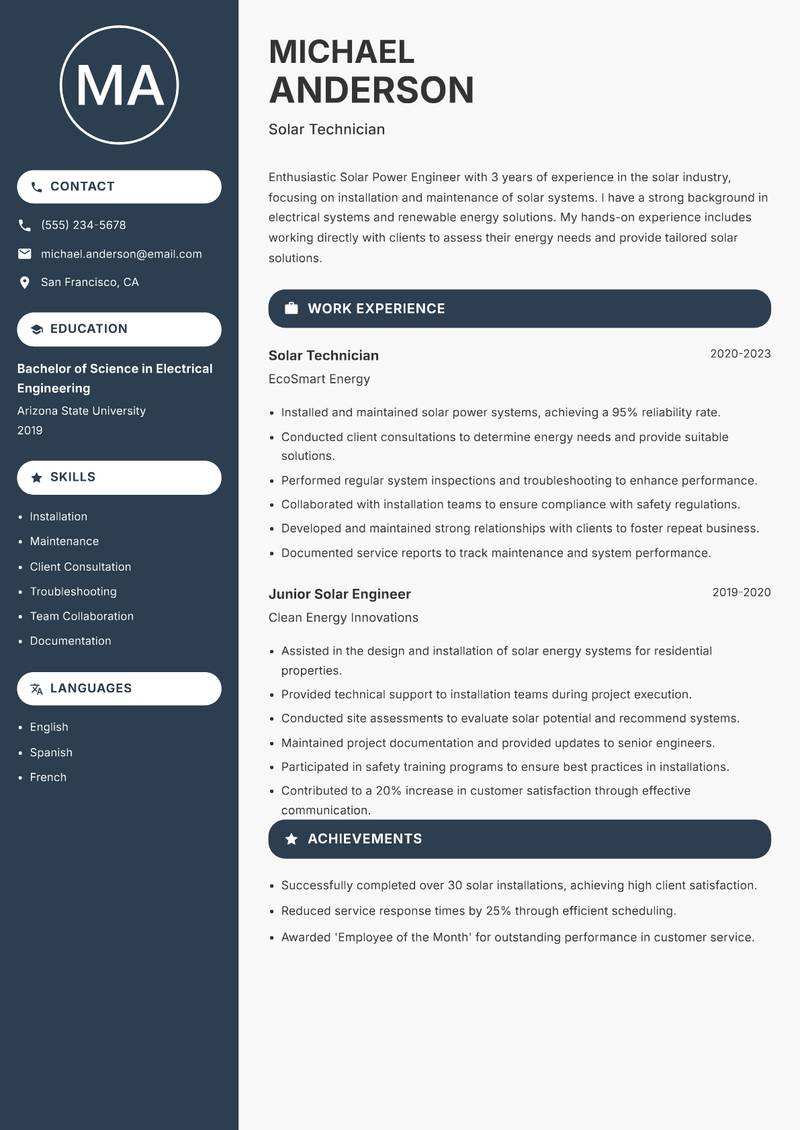 Solar Power Engineer resume template — Compact