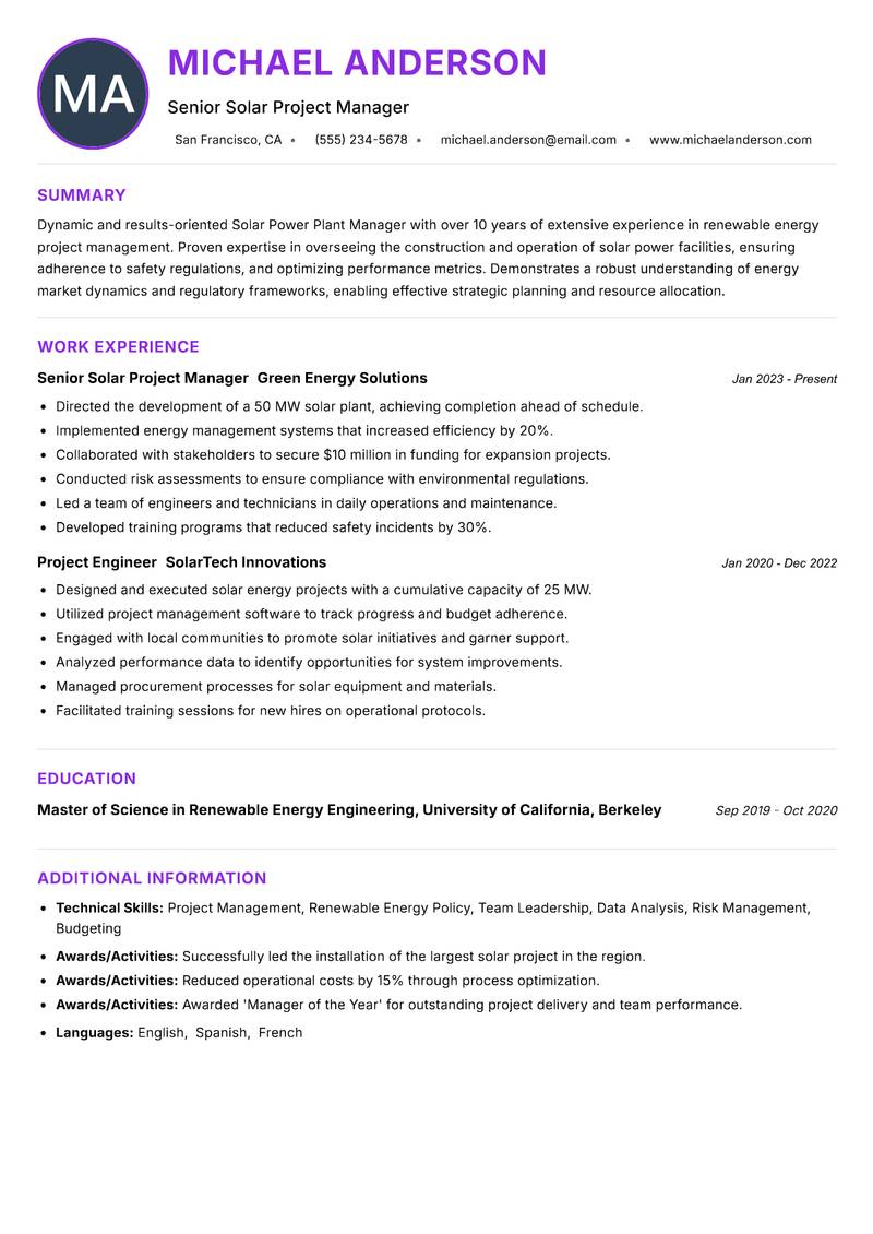 Solar Power Plant Manager resume example — ATS-friendly template