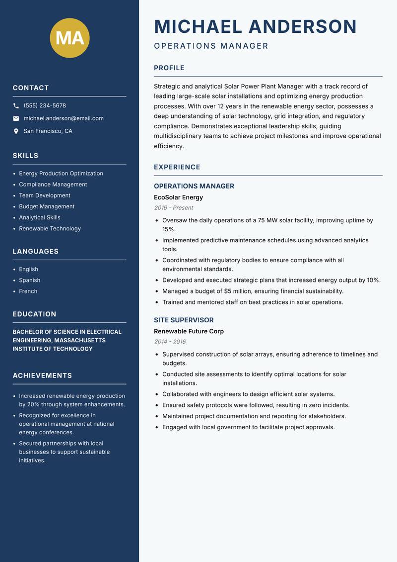 Solar Power Plant Manager resume template — Classic Clean