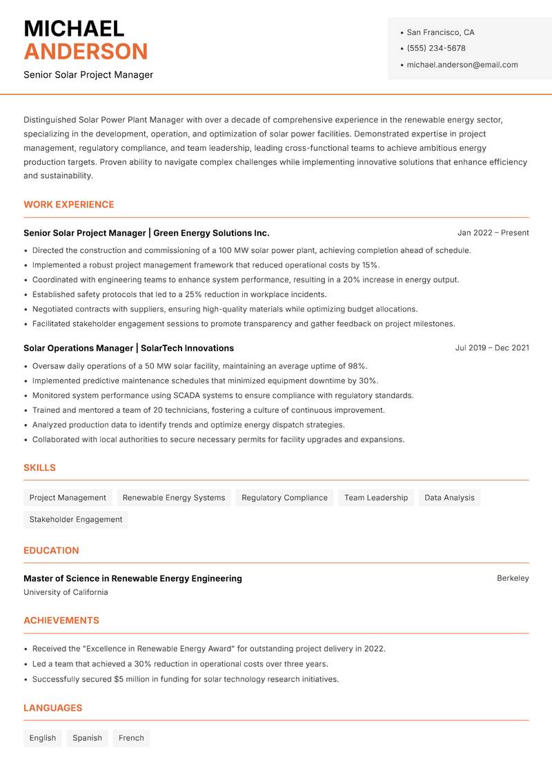 Solar Power Plant Manager resume template — Modern Professional