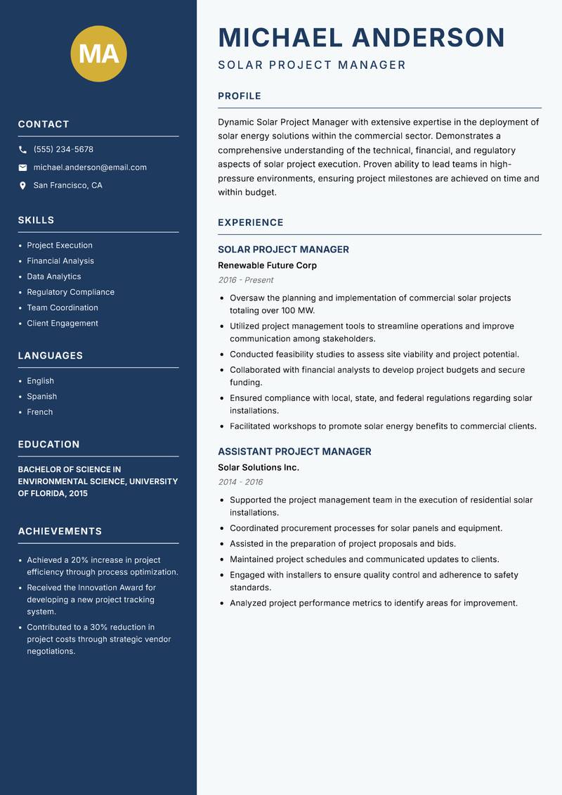 Solar Project Manager resume template — Classic Clean