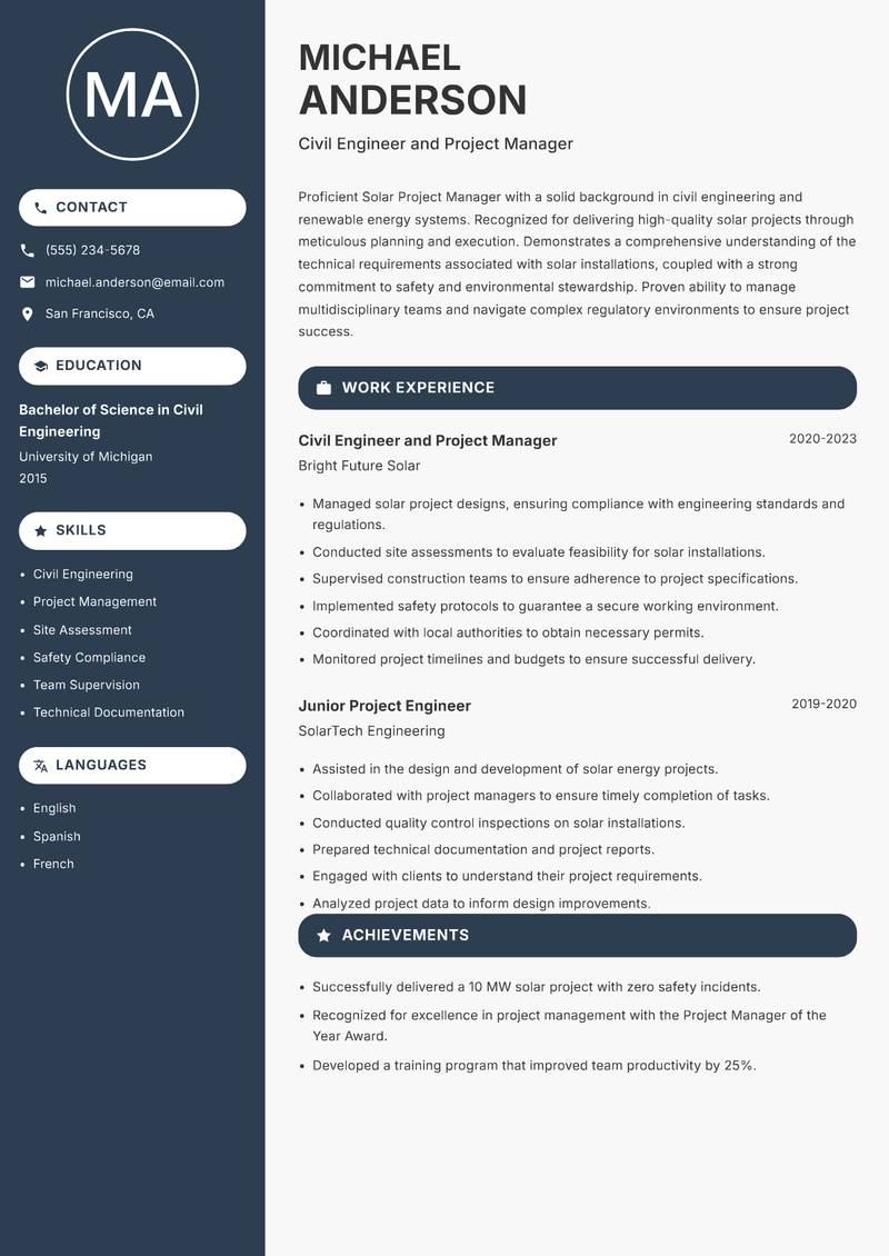 Solar Project Manager resume template — Compact