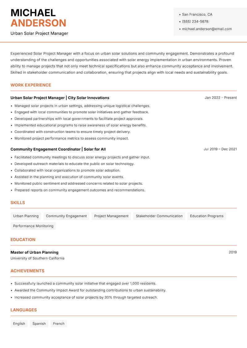 Solar Project Manager resume template — Modern Professional