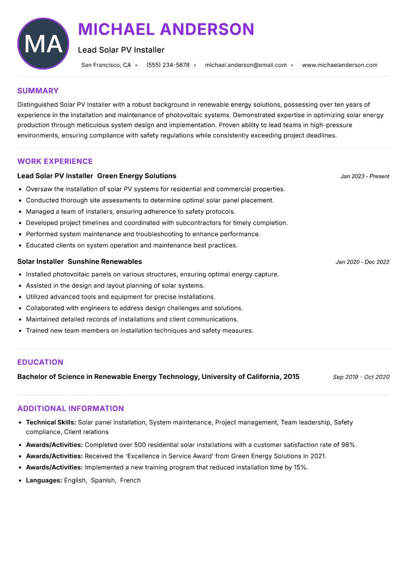 Solar PV Installer resume example — ATS-friendly template