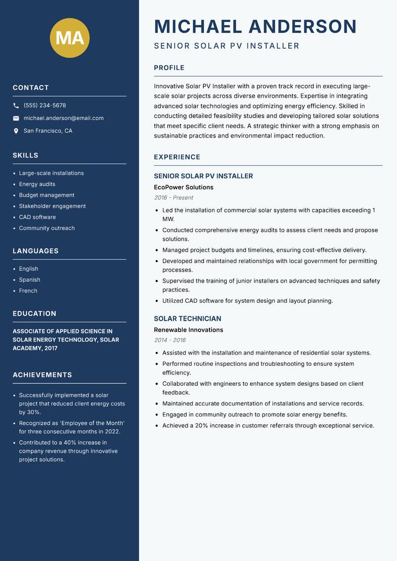 Solar PV Installer resume template — Classic Clean