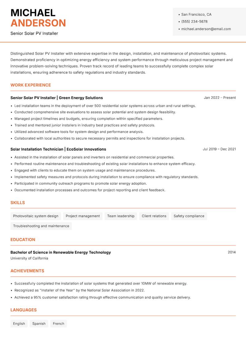 Solar PV Installer resume template — Modern Professional