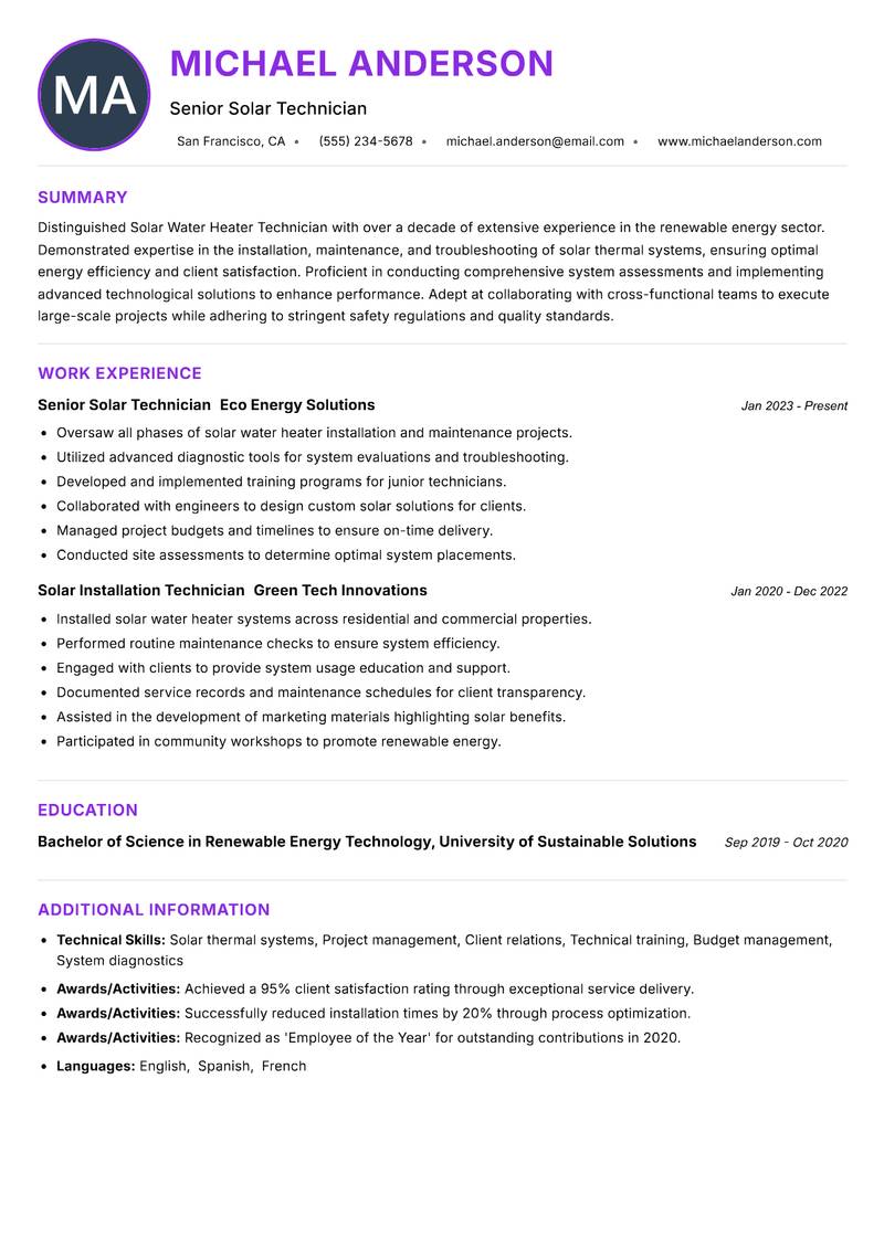 Solar Water Heater Technician resume example — ATS-friendly template