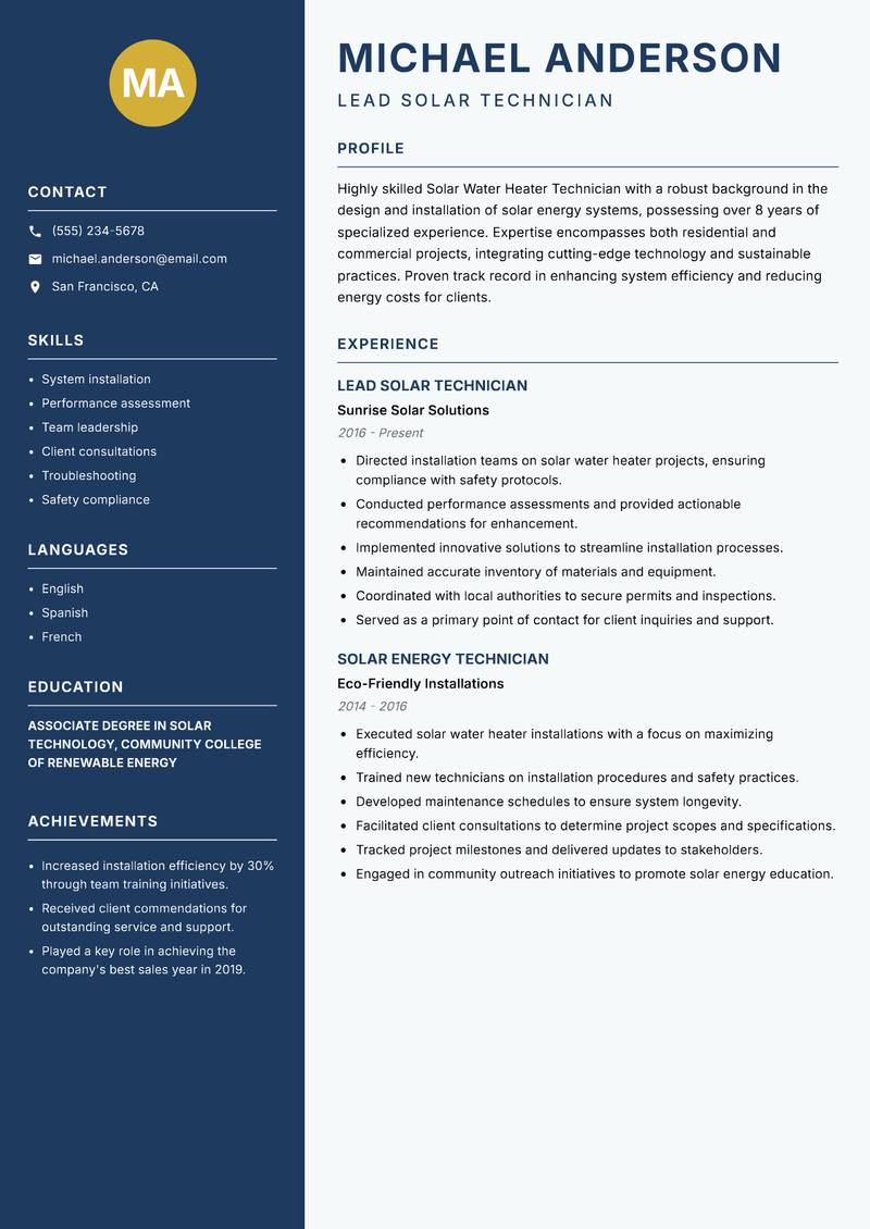 Solar Water Heater Technician resume template — Classic Clean