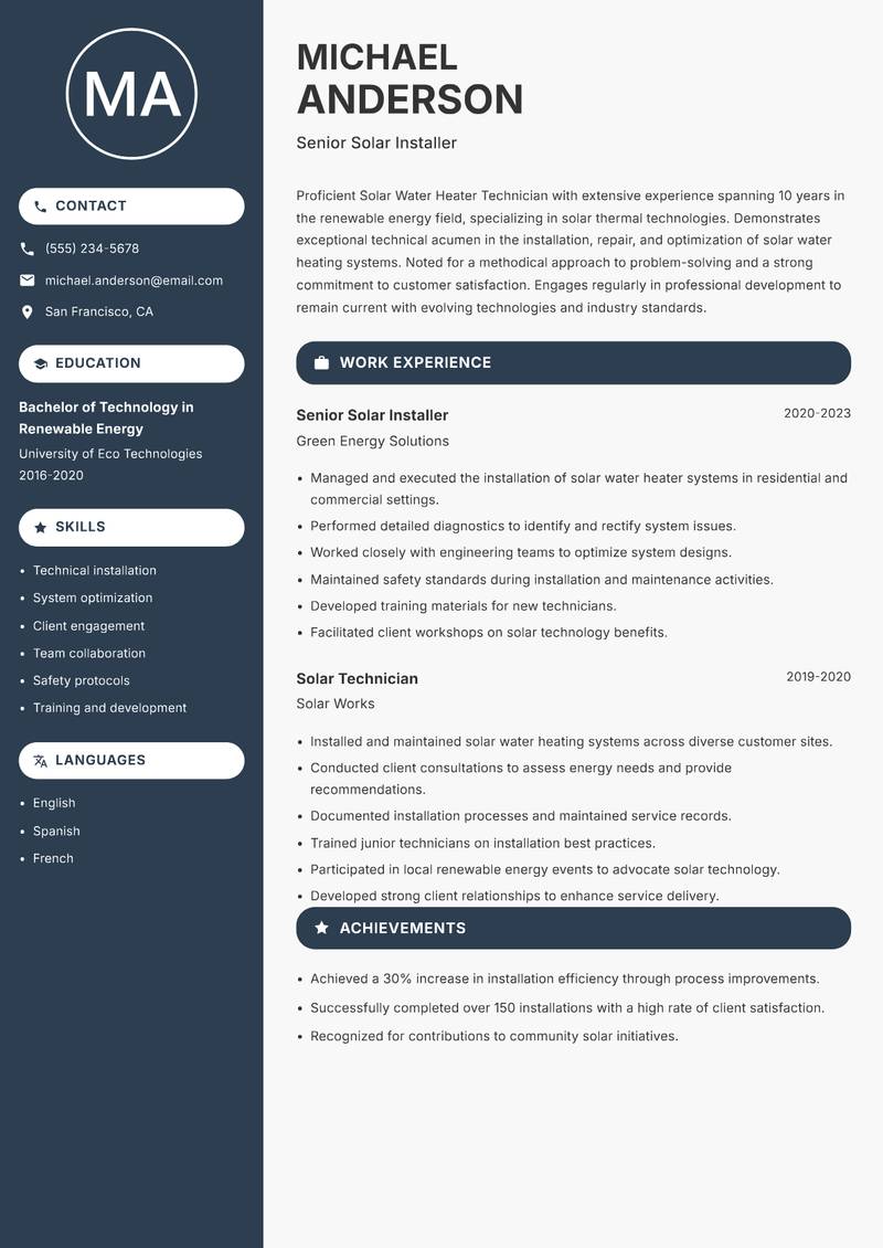 Solar Water Heater Technician resume template — Compact