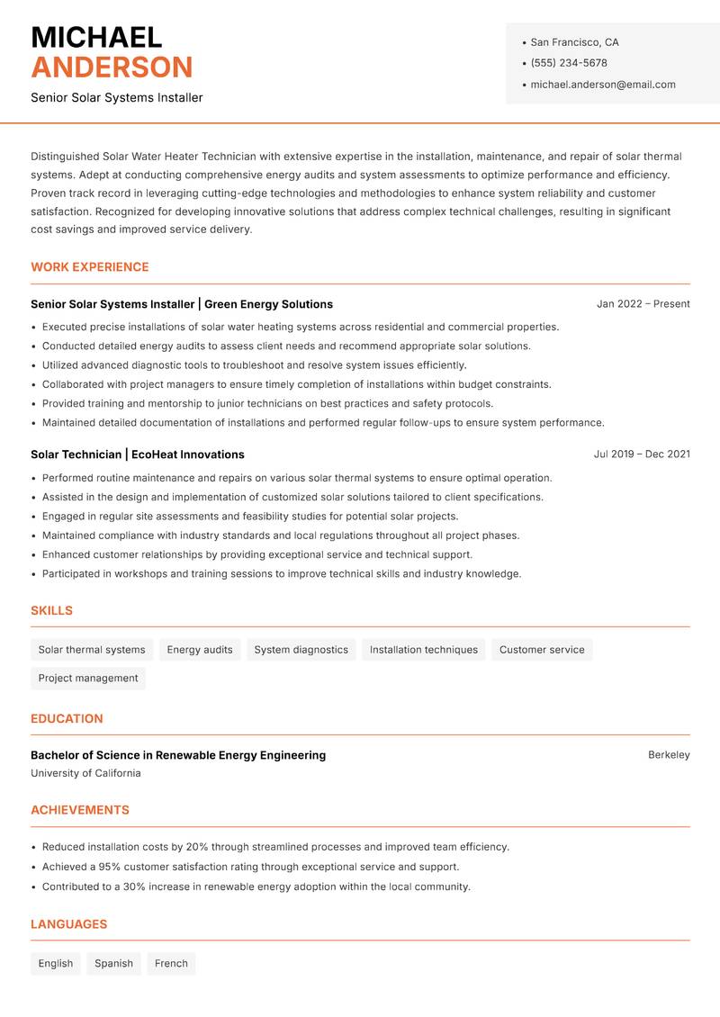 Solar Water Heater Technician resume template — Modern Professional