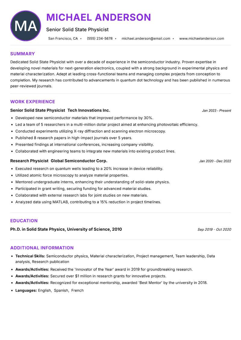 Solid State Physicist resume example — ATS-friendly template