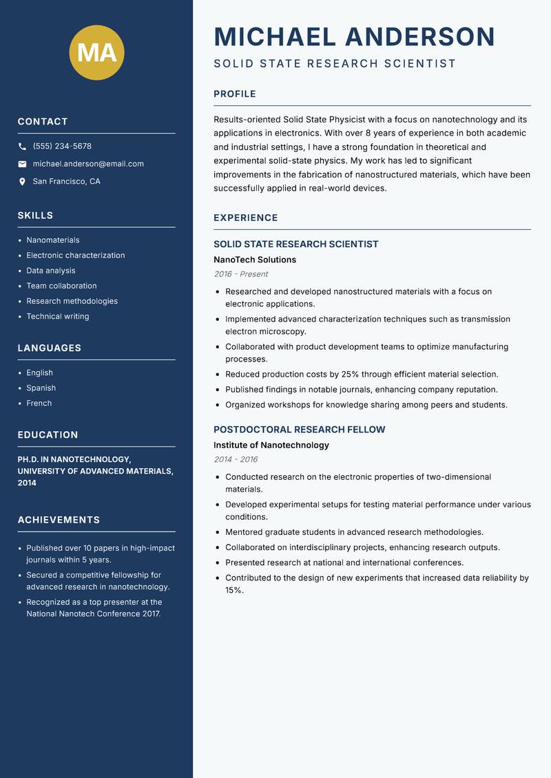 Solid State Physicist resume template — Classic Clean