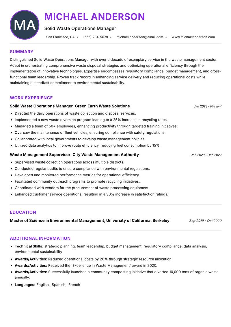 Solid Waste Operations Manager resume example — ATS-friendly template