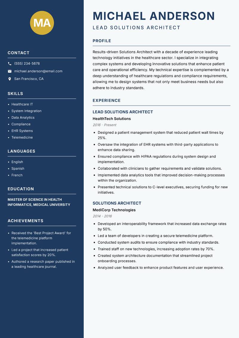 Solutions Architect resume template — Classic Clean