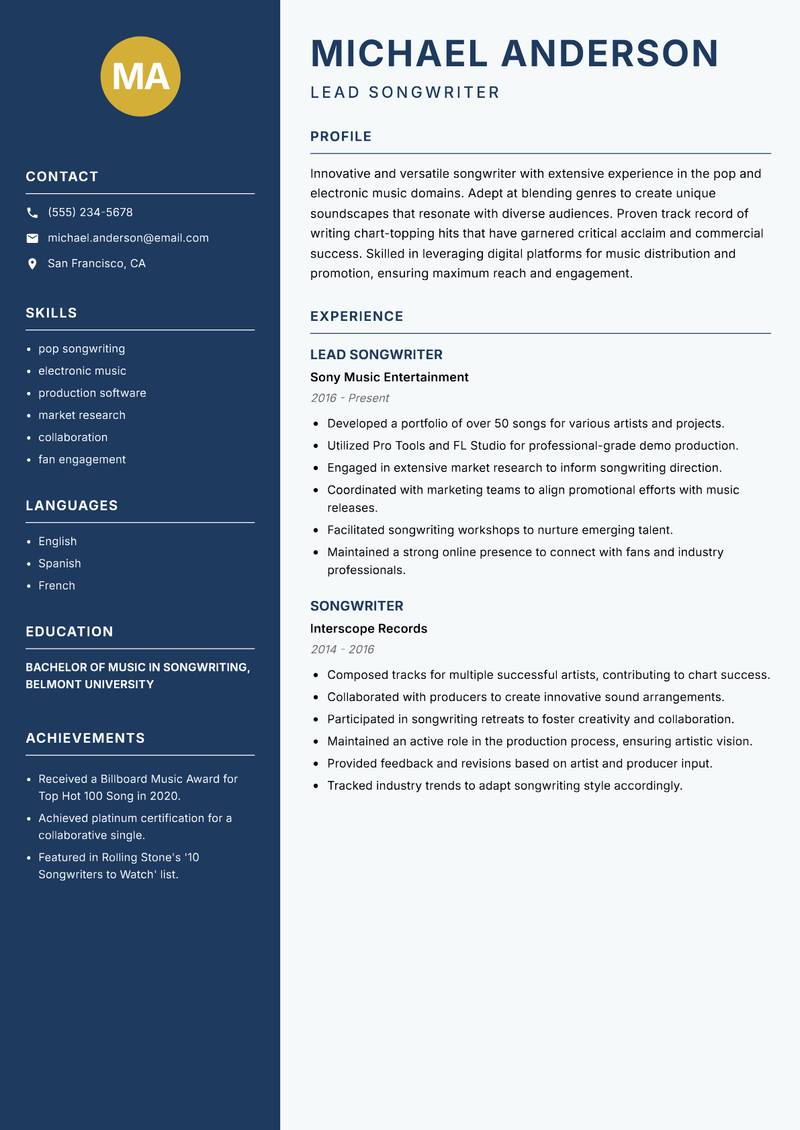 Songwriter resume template — Classic Clean