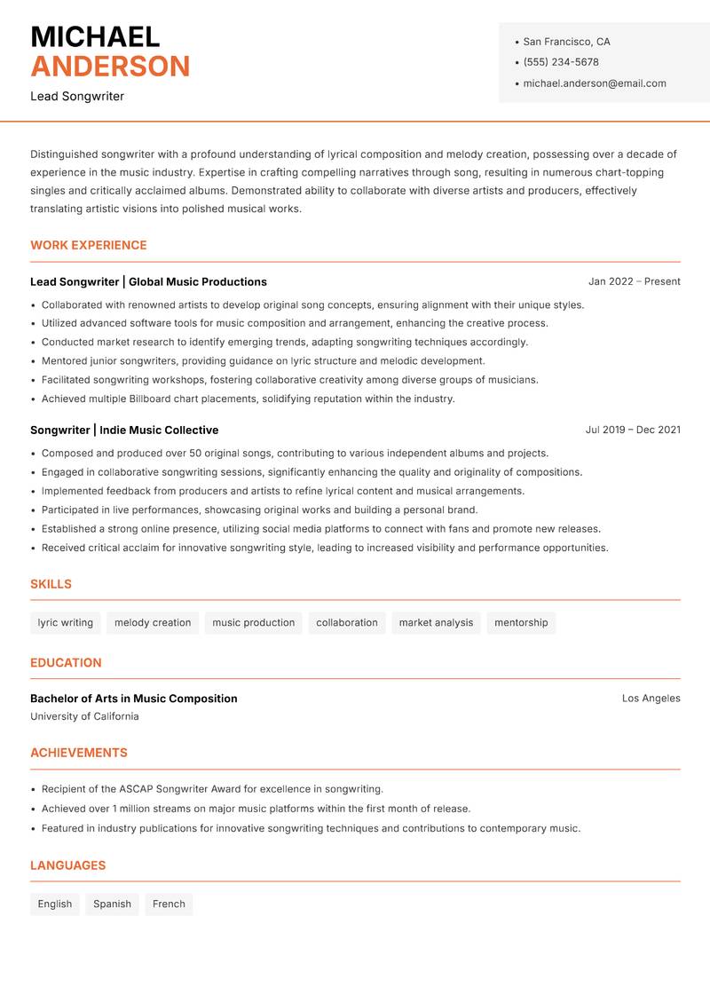 Songwriter resume template — Modern Professional