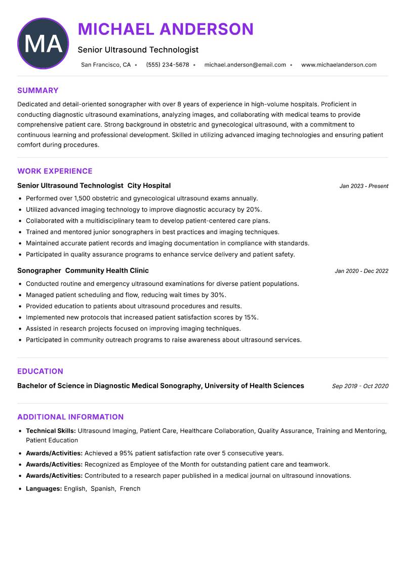 Sonographer resume example — ATS-friendly template