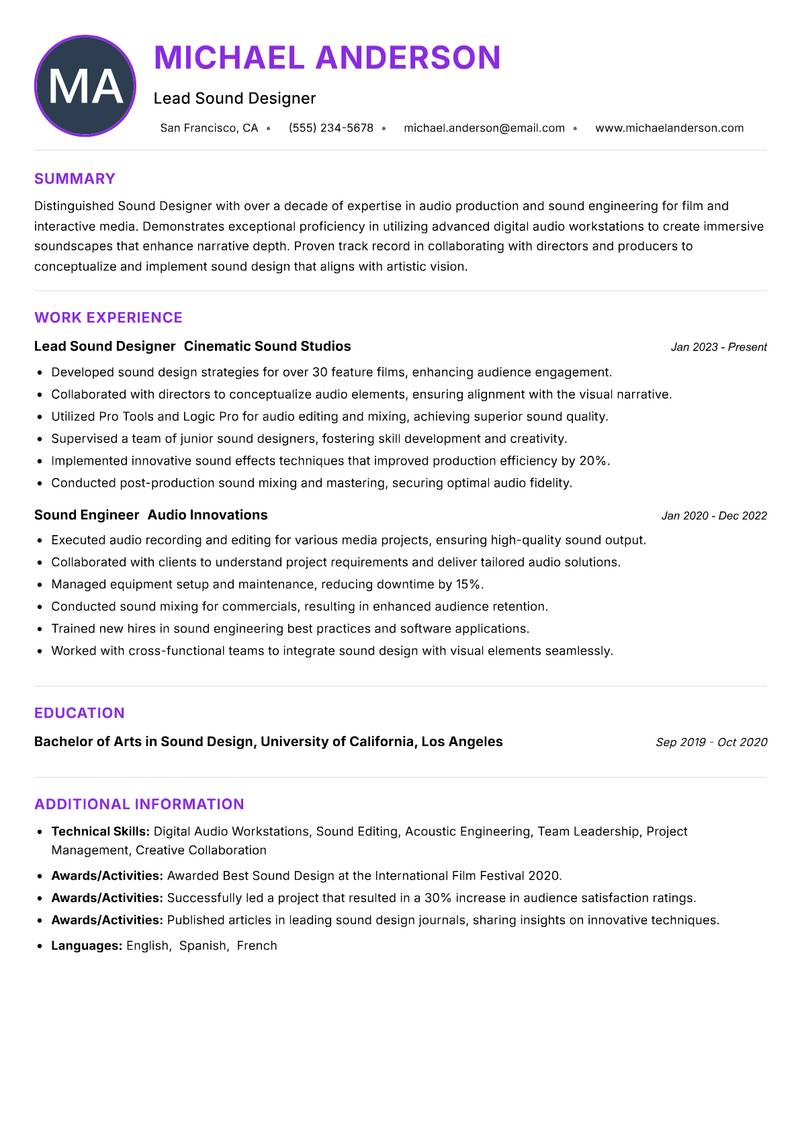Sound Designer resume example — ATS-friendly template