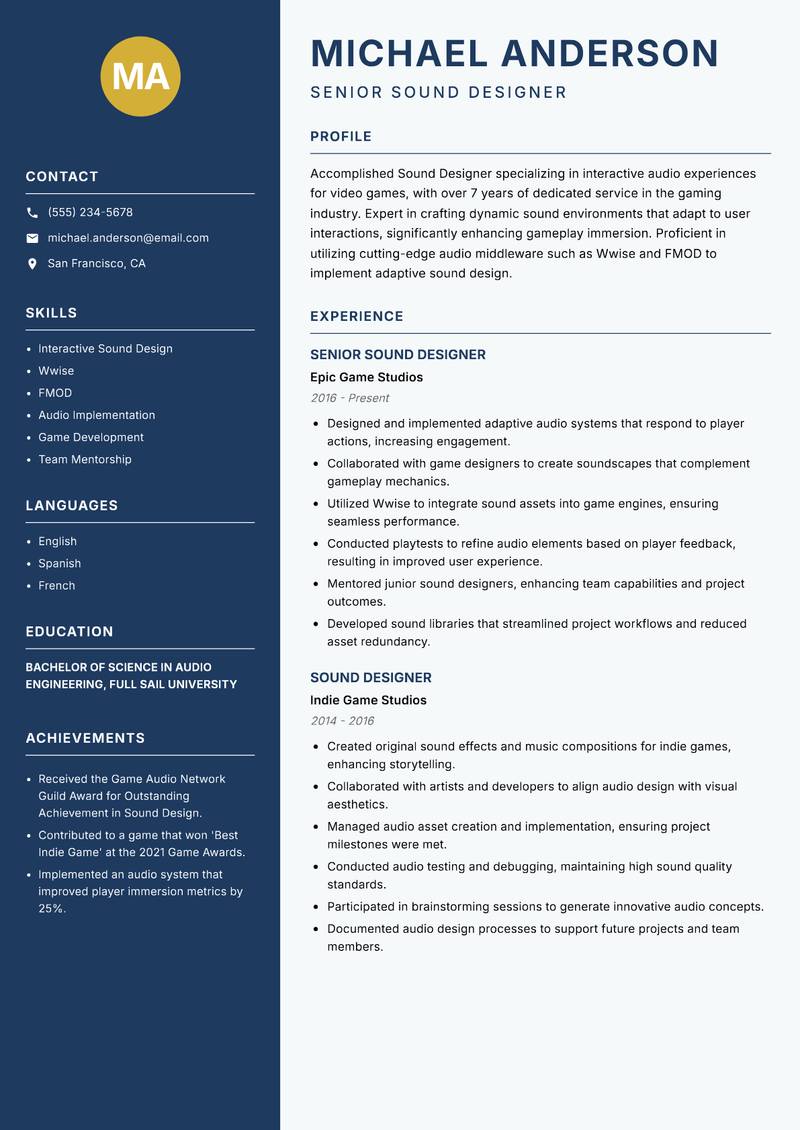 Sound Designer resume template — Classic Clean