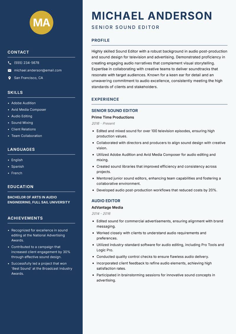 Sound Editor resume template — Classic Clean