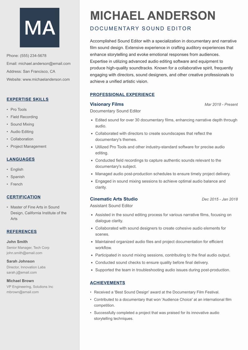 Sound Editor resume template — Creative Minimal