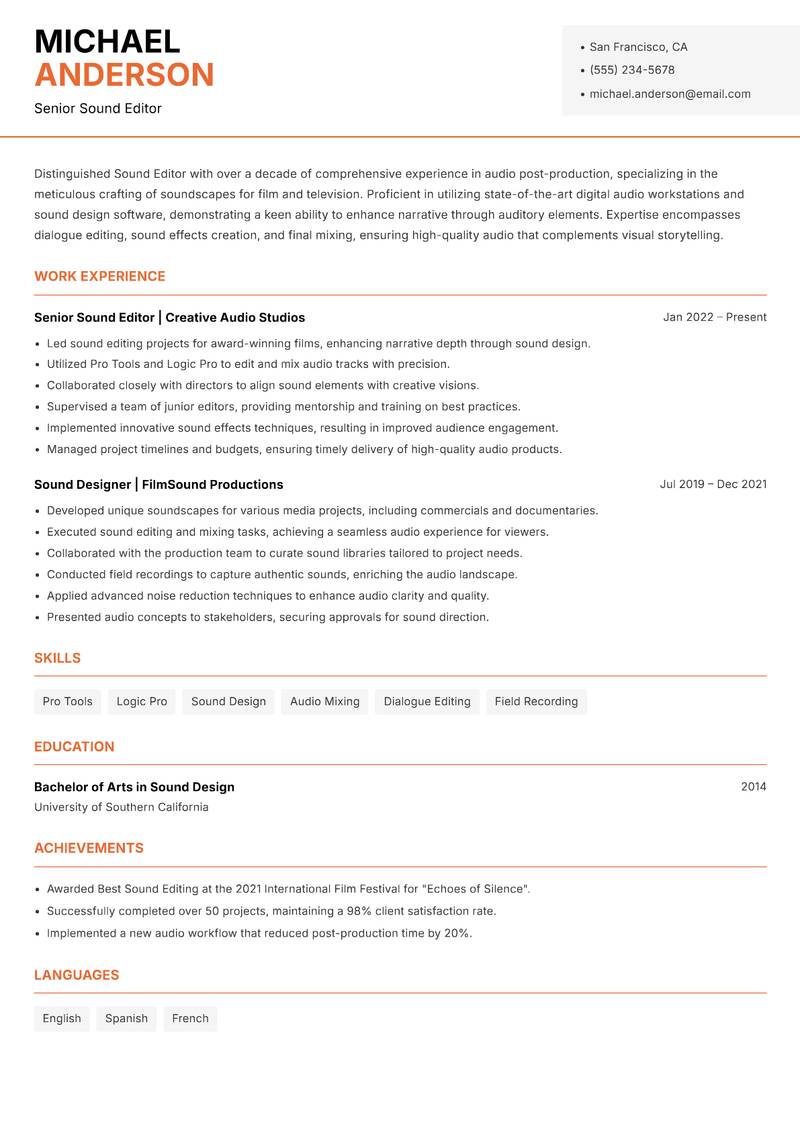 Sound Editor resume template — Modern Professional