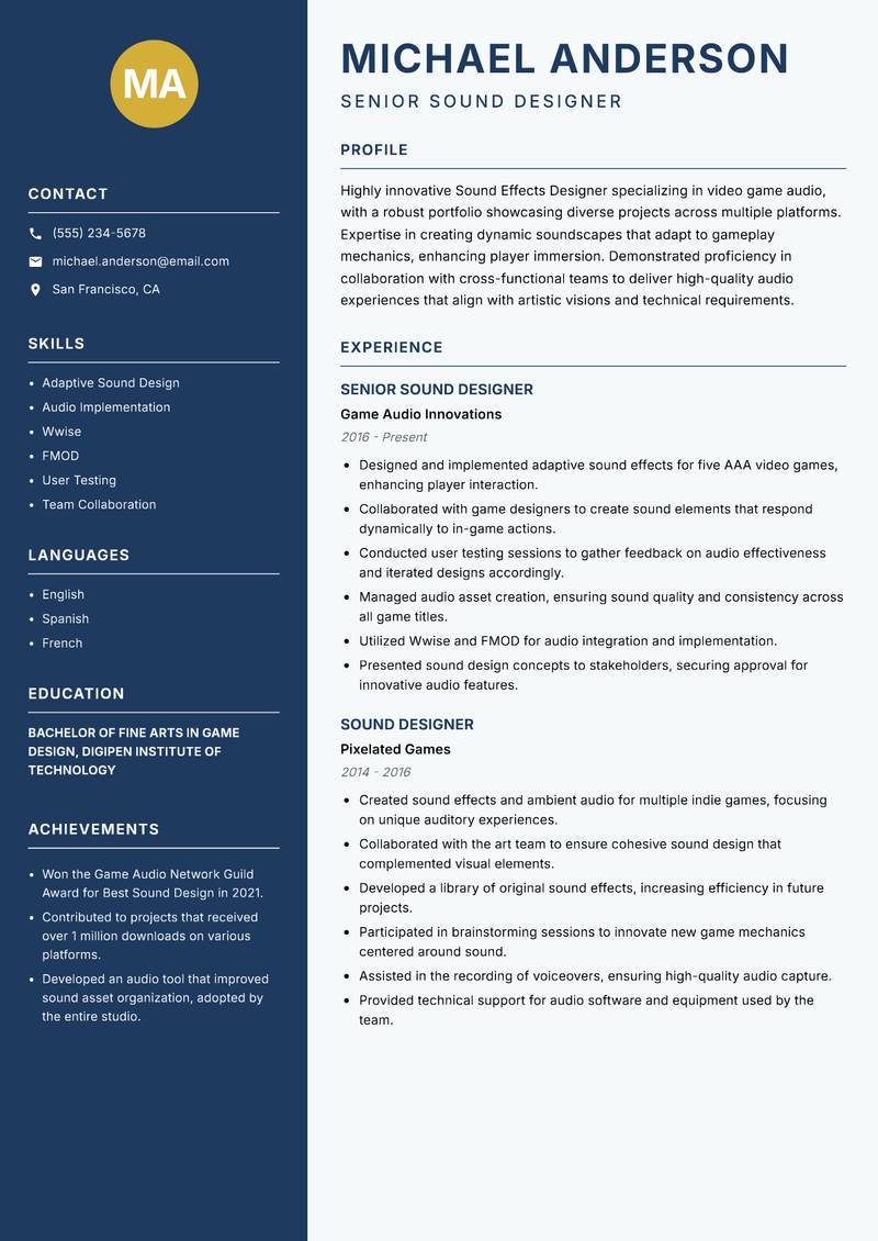 Sound Effects Designer resume template — Classic Clean