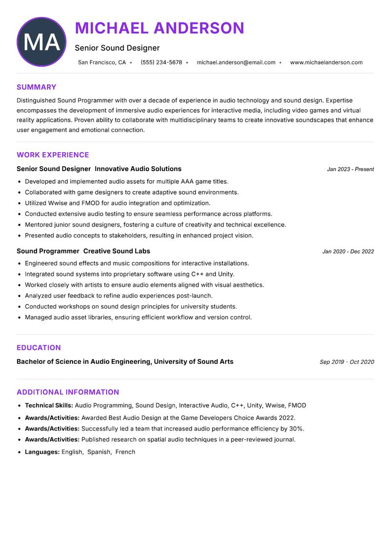 Sound Programmer resume example — ATS-friendly template
