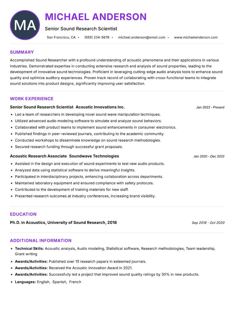 Sound Researcher resume example — ATS-friendly template