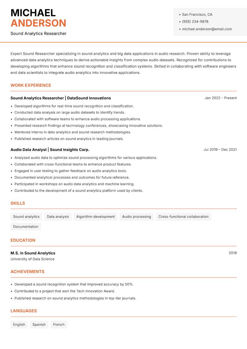 Sound Researcher resume template — Modern Professional