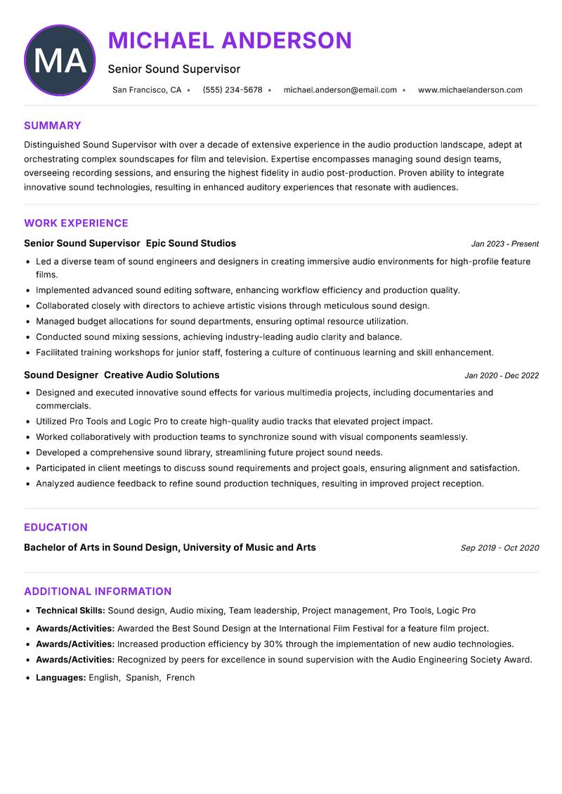 Sound Supervisor resume example — ATS-friendly template