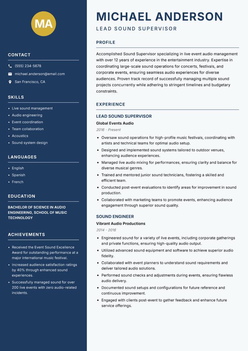 Sound Supervisor resume template — Classic Clean