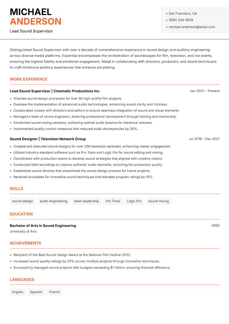 Sound Supervisor resume template — Modern Professional