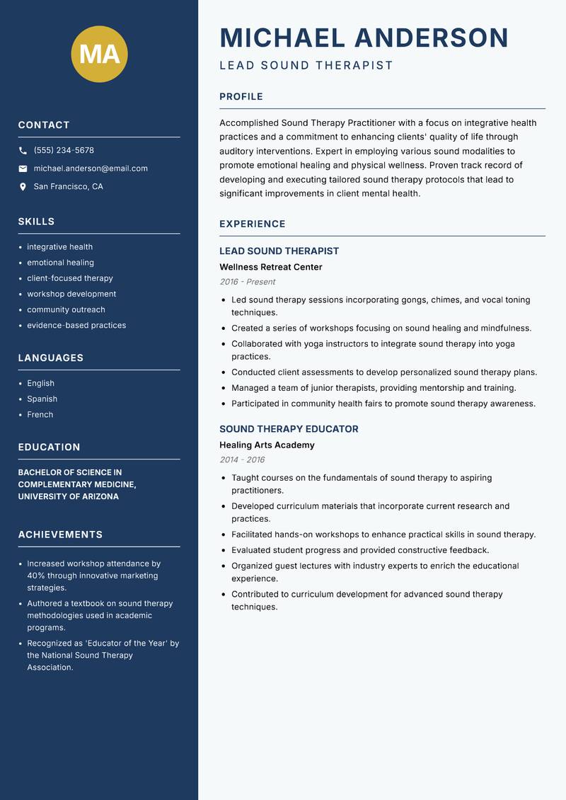 Sound Therapy Practitioner resume template — Classic Clean
